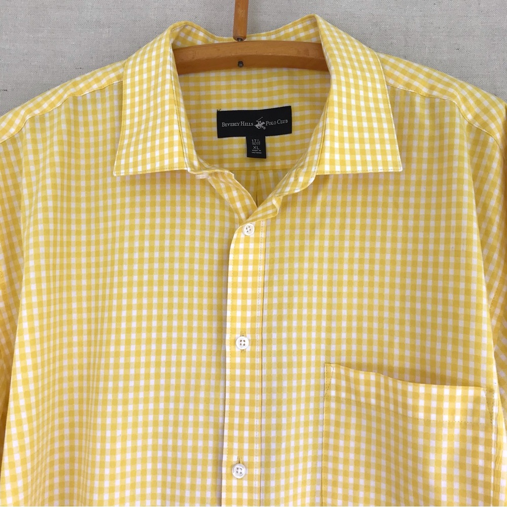 Beverly Hills Polo Club XL Gingham Shirt Yellow White Button Down Long Sleeve